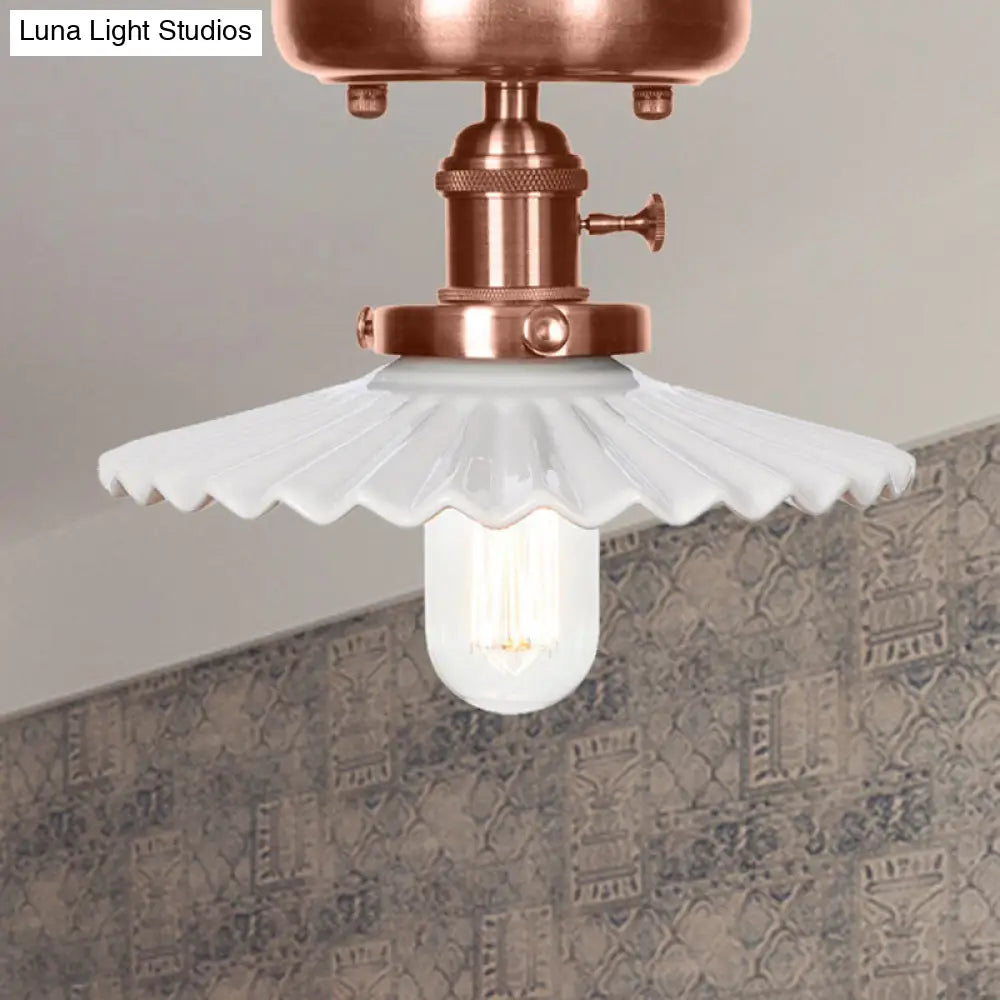 Industrial Antique Copper Semi Mount Ceiling Light With Opal/Clear Glass Shade White / Saucer