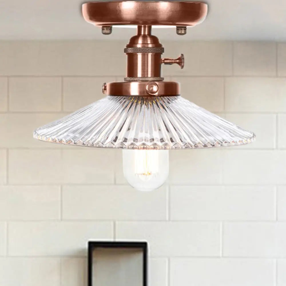 Industrial Antique Copper Semi Mount Ceiling Light With Opal/Clear Glass Shade Clear / Saucer