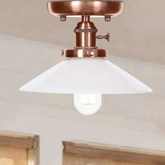 Industrial Antique Copper Semi Mount Ceiling Light With Opal/Clear Glass Shade White / Cone