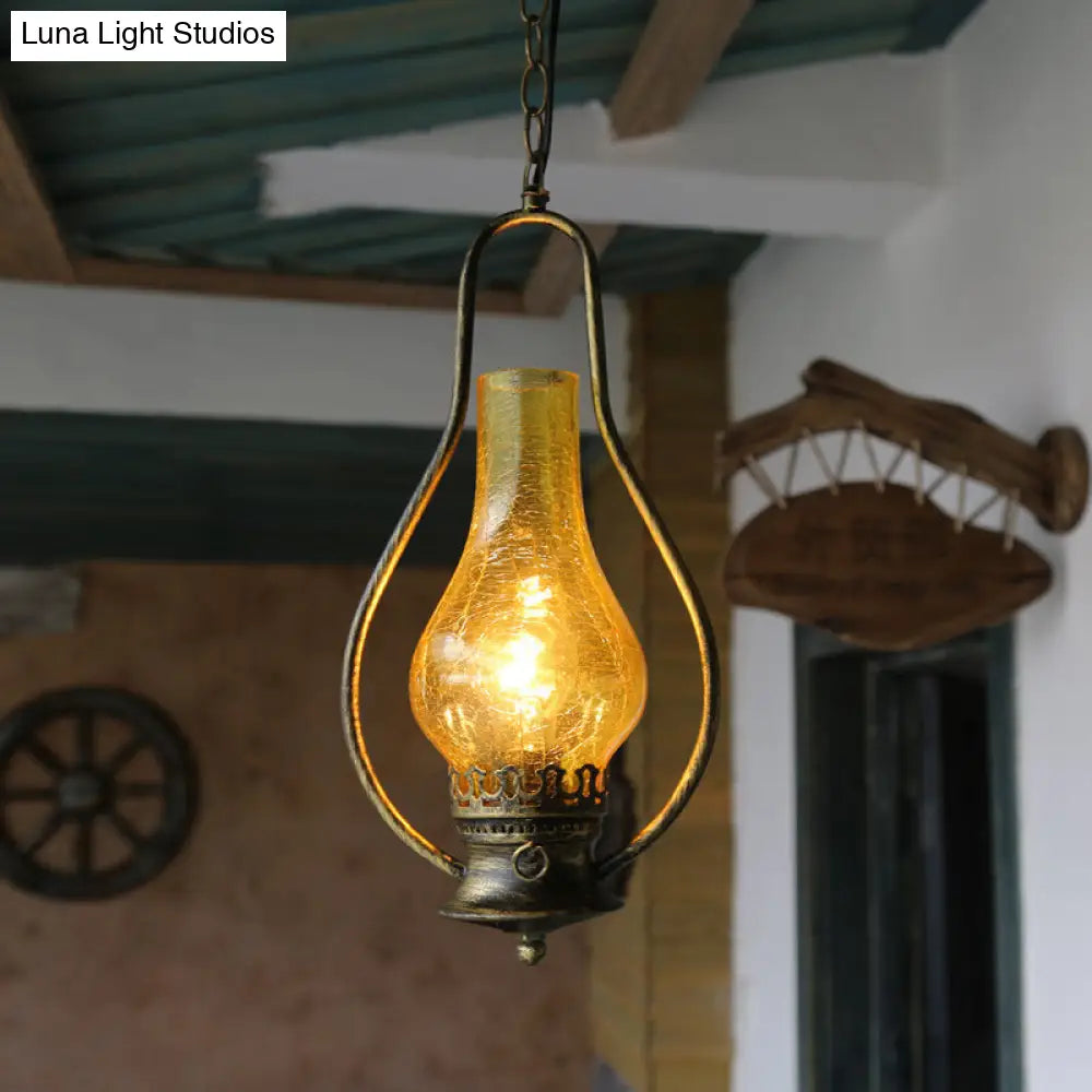 Industrial 1-Light Pendant Lamp With Crackle Glass In Antique Copper/Bronze Finish For Living Room