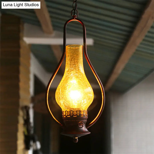 Industrial Antique Pendant Light With Crackle Glass For Living Room - Copper/Bronze Finish