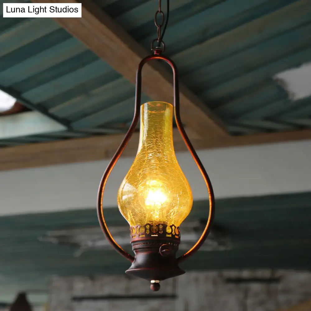 Industrial 1-Light Pendant Lamp With Crackle Glass In Antique Copper/Bronze Finish For Living Room