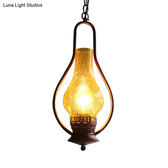 Industrial 1-Light Pendant Lamp With Crackle Glass In Antique Copper/Bronze Finish For Living Room