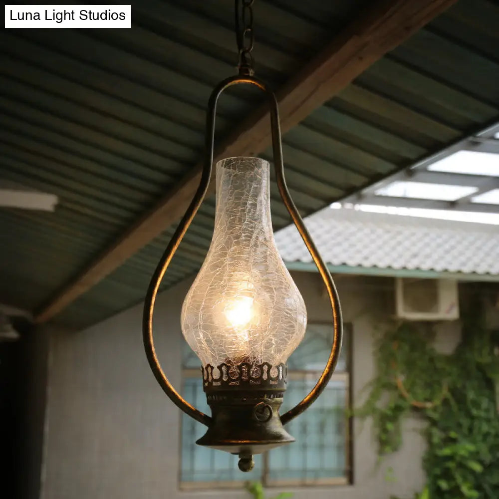 Industrial 1-Light Pendant Lamp With Crackle Glass In Antique Copper/Bronze Finish For Living Room