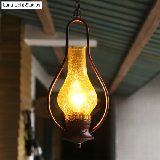 Industrial 1-Light Pendant Lamp With Crackle Glass In Antique Copper/Bronze Finish For Living Room