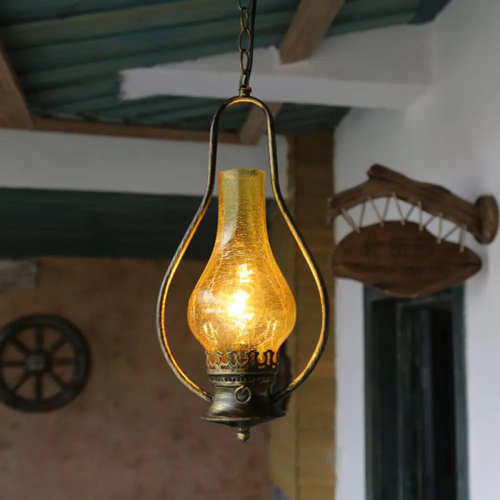 Industrial Antique Pendant Light With Crackle Glass For Living Room - Copper/Bronze Finish Bronze