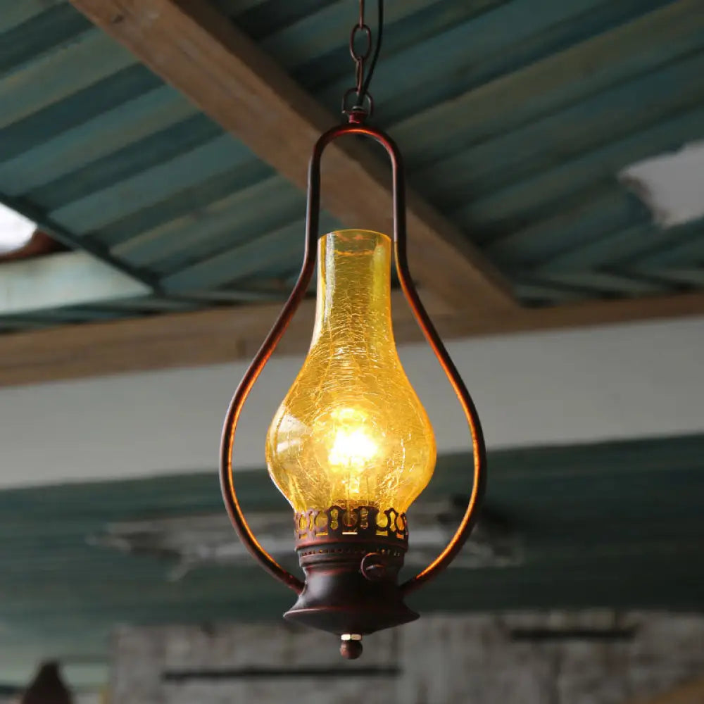 Industrial Antique Pendant Light With Crackle Glass For Living Room - Copper/Bronze Finish