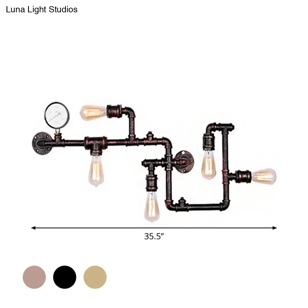 Industrial Antiqued Black/Brass/Rust Wall Light Kit With Decorative Gauge - 5 Bulbs Pipe System