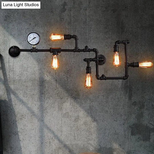 Industrial Antiqued Black/Brass/Rust Wall Light Kit With Decorative Gauge - 5 Bulbs Pipe System