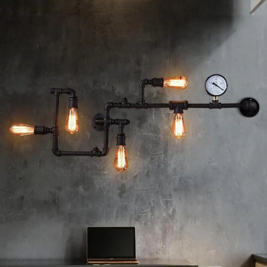 Industrial Antiqued Black/Brass/Rust Wall Light Kit With Decorative Gauge - 5 Bulbs Pipe System