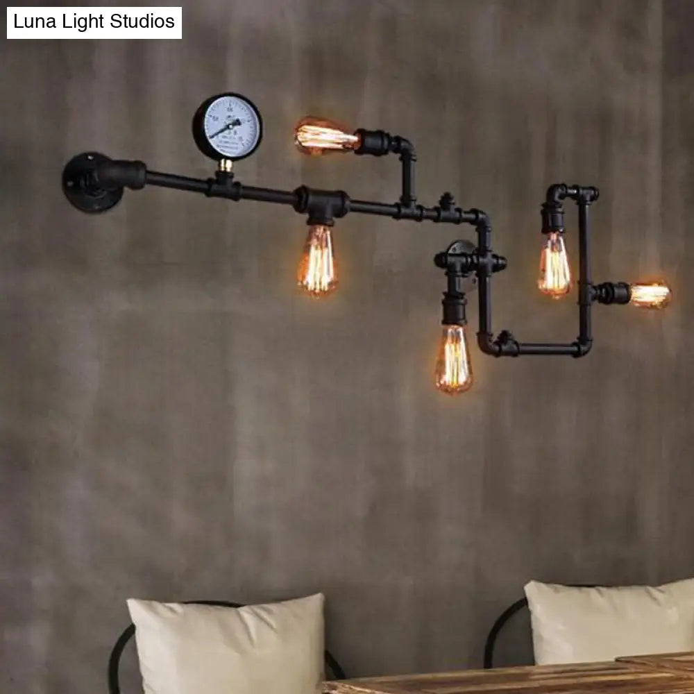 Industrial Antiqued Black/Brass/Rust Wall Light Kit With Decorative Gauge - 5 Bulbs Pipe System