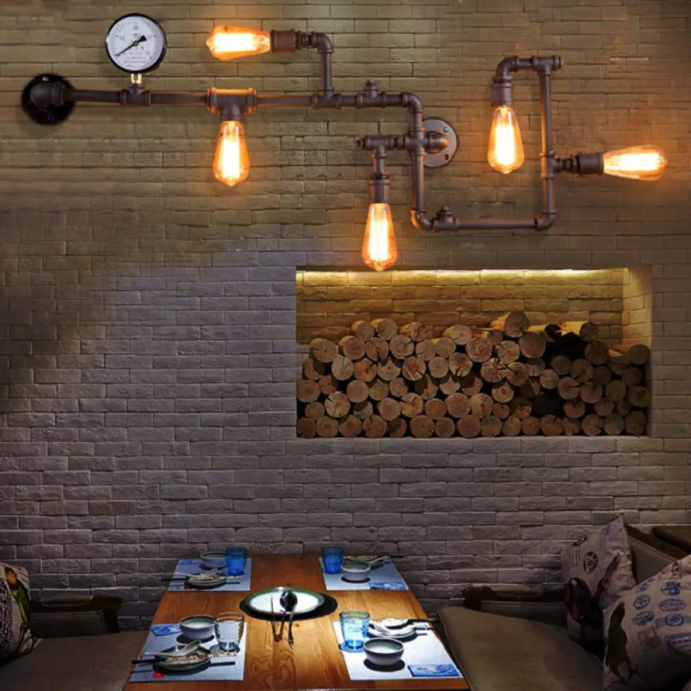 Industrial Antiqued Black/Brass/Rust Wall Light Kit With Decorative Gauge - 5 Bulbs Pipe System Rust