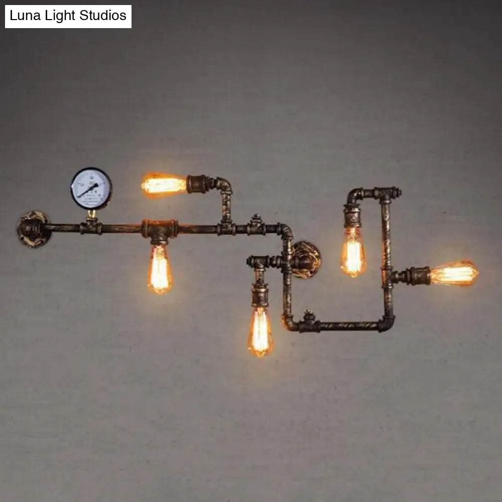 Industrial Antiqued Black/Brass/Rust Wall Light Kit With Decorative Gauge - 5 Bulbs Pipe System