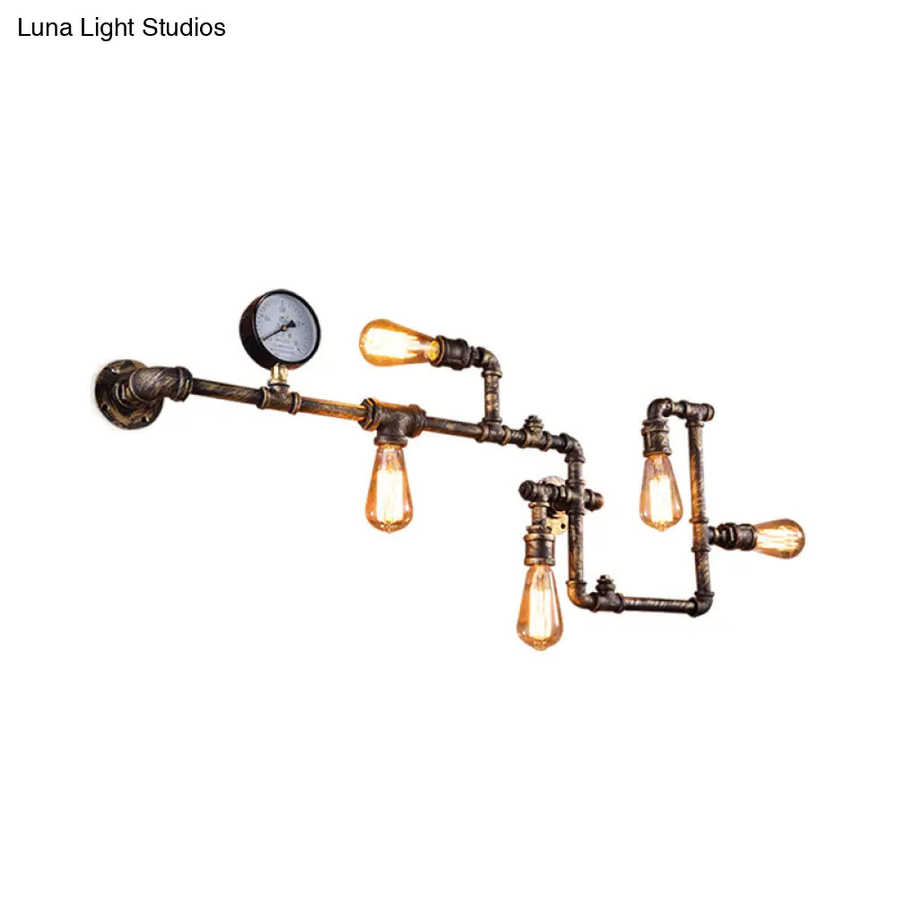 Industrial Antiqued Black/Brass/Rust Wall Light Kit With Decorative Gauge - 5 Bulbs Pipe System