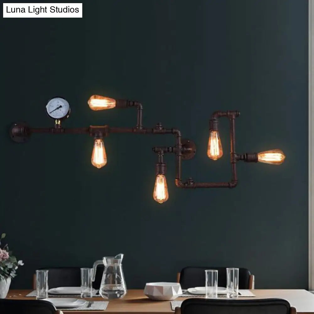 Industrial Antiqued Black/Brass/Rust Wall Light Kit With Decorative Gauge - 5 Bulbs Pipe System