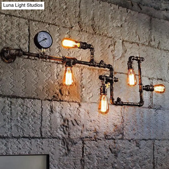 Industrial Antiqued Black/Brass/Rust Wall Light Kit With Decorative Gauge - 5 Bulbs Pipe System