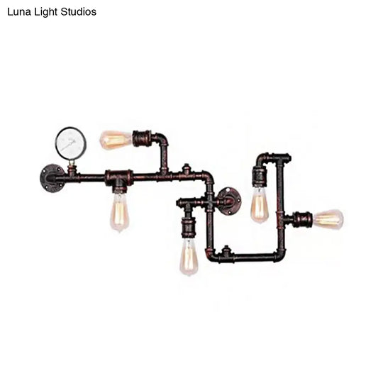 Industrial Antiqued Black/Brass/Rust Wall Light Kit With Decorative Gauge - 5 Bulbs Pipe System