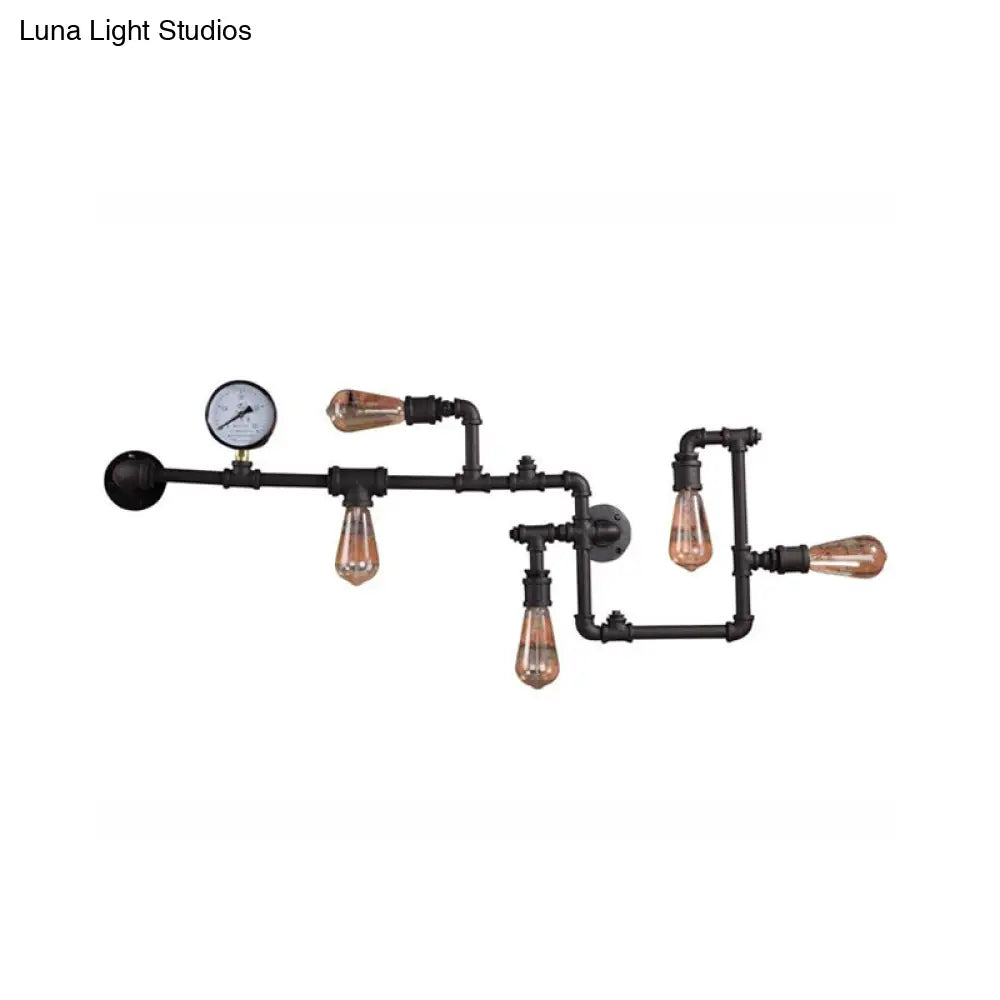 Industrial Antiqued Black/Brass/Rust Wall Light Kit With Decorative Gauge - 5 Bulbs Pipe System