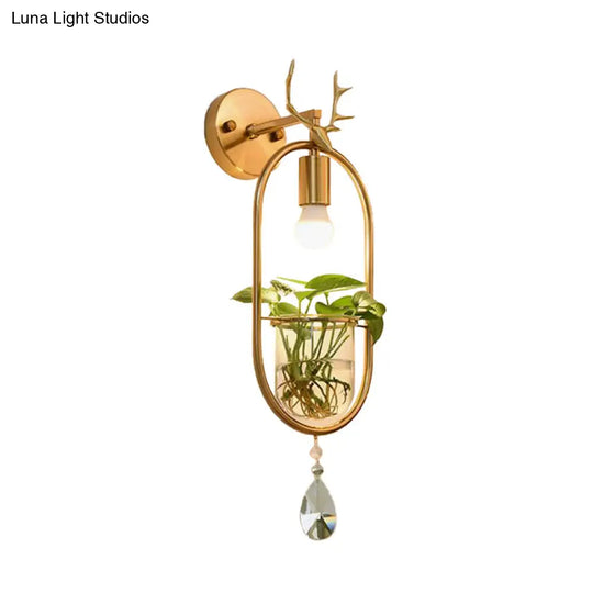 Industrial Antler Sconce Light Fixture With Metal Led Wall Mounted Lamp In Gold & Crystal Accents