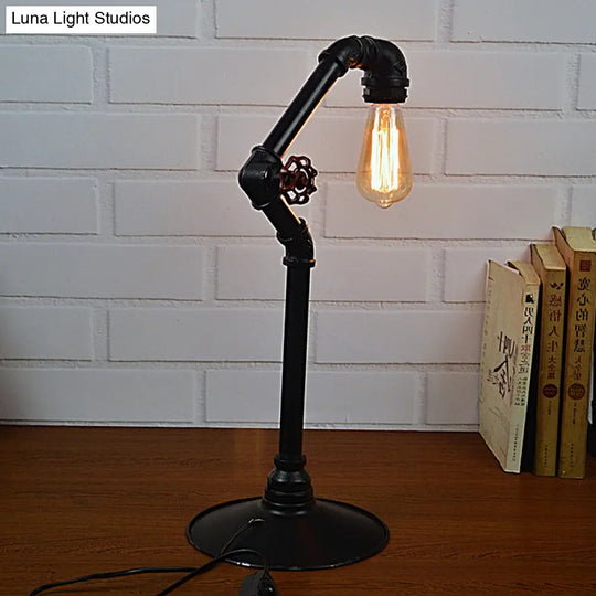 Industrial Arched Pipe 1-Head Table Lamp In Metallic Black | Plug-In Night Light With Round Base