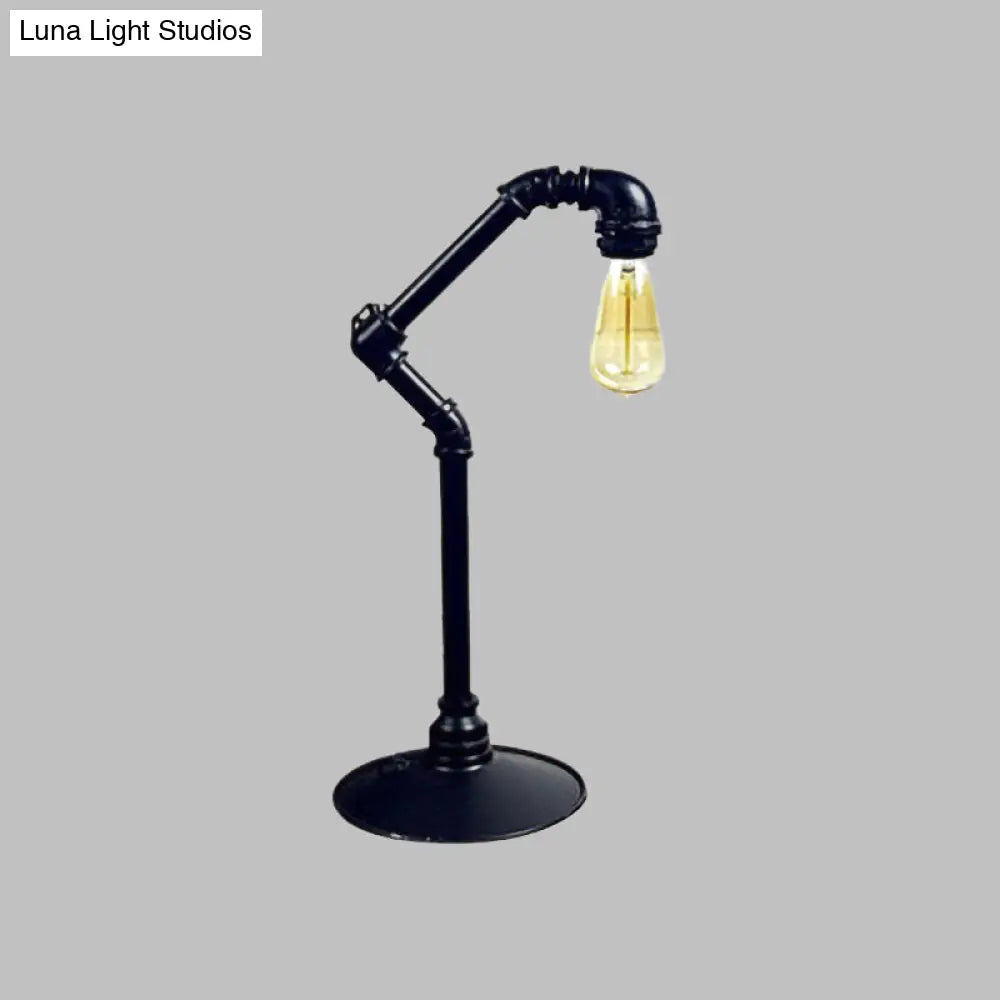 Industrial Arched Pipe 1-Head Table Lamp In Metallic Black | Plug-In Night Light With Round Base