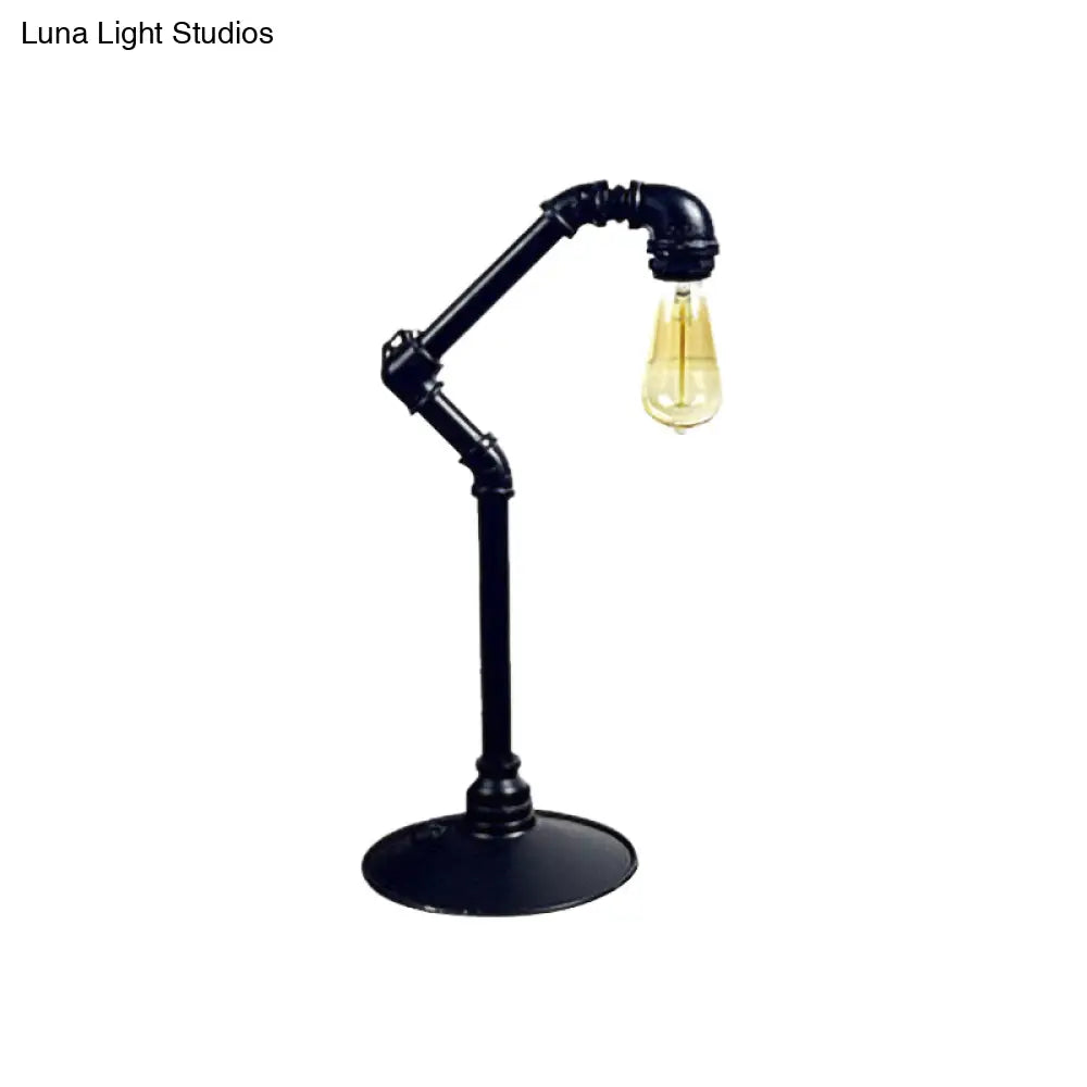 Industrial Arched Pipe 1-Head Table Lamp In Metallic Black | Plug-In Night Light With Round Base