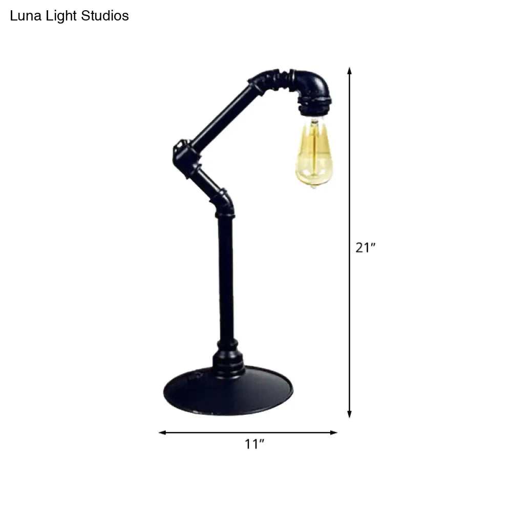 Industrial Arched Pipe 1-Head Table Lamp In Metallic Black | Plug-In Night Light With Round Base