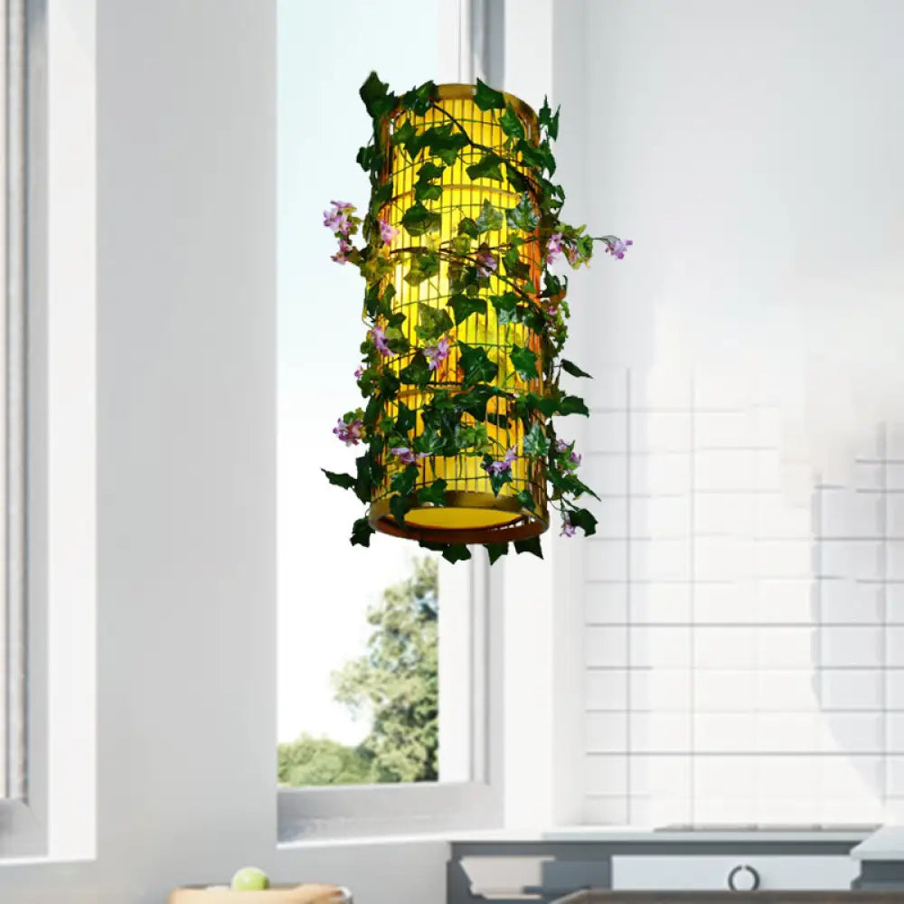 Industrial Bamboo Pendant Light With Green Plant - Led & Multiple Shapes (8’/14’/19’ W) / 8’
