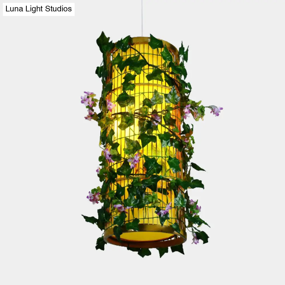 Industrial Bamboo Pendant Light With Green Plant - Led & Multiple Shapes (8’/14’/19’ W)