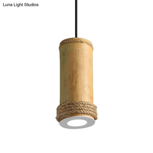 Industrial Bamboo Pendant Light With Rope Detail - Brown Hanging Fixture For Living Room