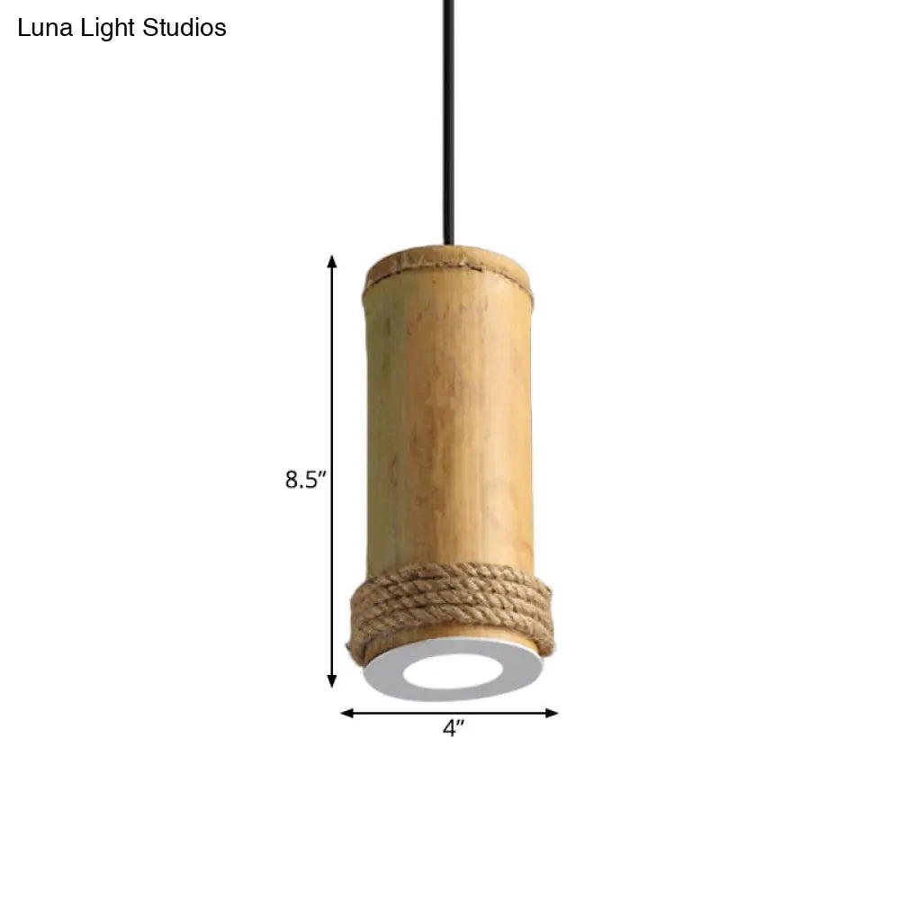 Industrial Bamboo Pendant Light With Rope Detail - Brown Hanging Fixture For Living Room