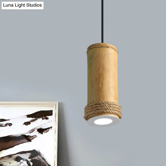 Industrial Bamboo Pendant Light With Rope Detail - Brown Hanging Fixture For Living Room