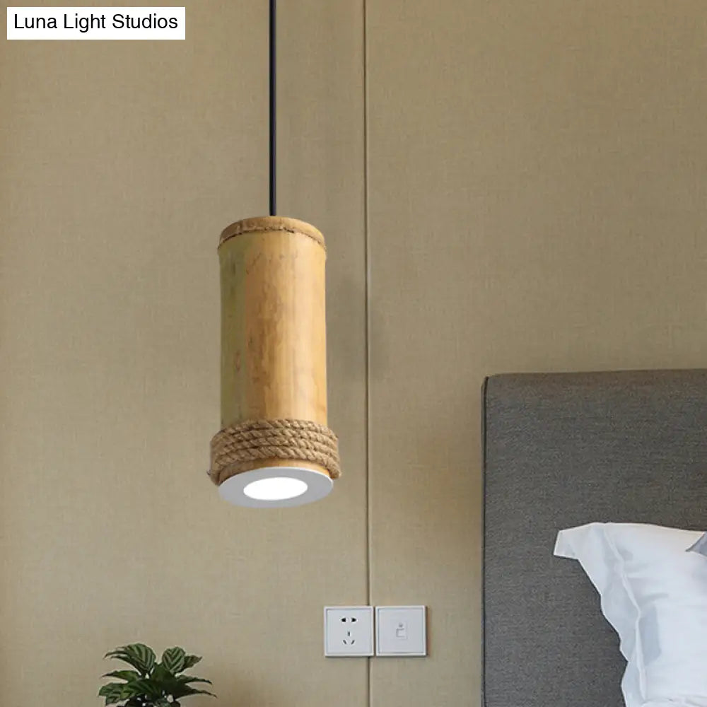 Industrial Bamboo Pendant Light With Rope Detail - Brown Hanging Fixture For Living Room