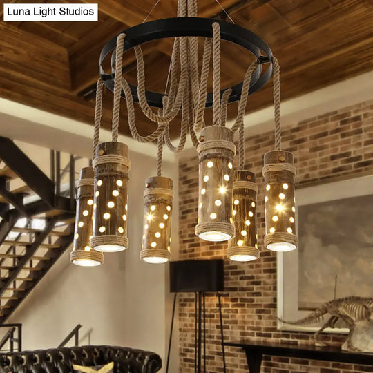 Industrial Black Cutout Chandelier With Bamboo And 6 Bulbs | Living Room Drop Lamp