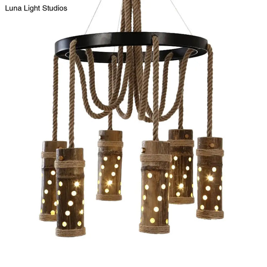 Industrial Black Cutout Chandelier With Bamboo And 6 Bulbs | Living Room Drop Lamp