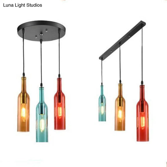 Industrial Wine Bottle Glass Pendant Lamp With 3 Hanging Lights In Black - Bar Lighting Fixture