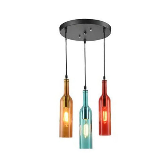 Industrial Bar Pendant Lamp With Wine Bottle Glass Shade - 3-Light Hanging Light Black Round/Linear