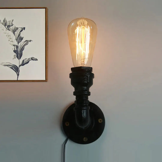 Industrial Bare Bulb Mini Wall Light In Black/Copper For Living Rooms With Metallic Water Pipe