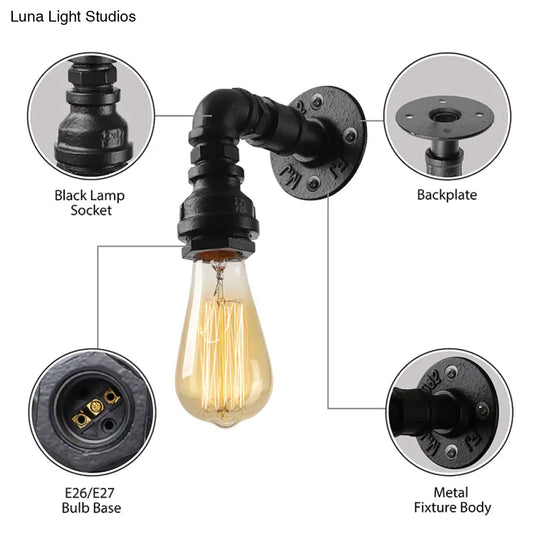 Industrial Bare Bulb Mini Wall Light In Black/Copper For Living Rooms With Metallic Water Pipe