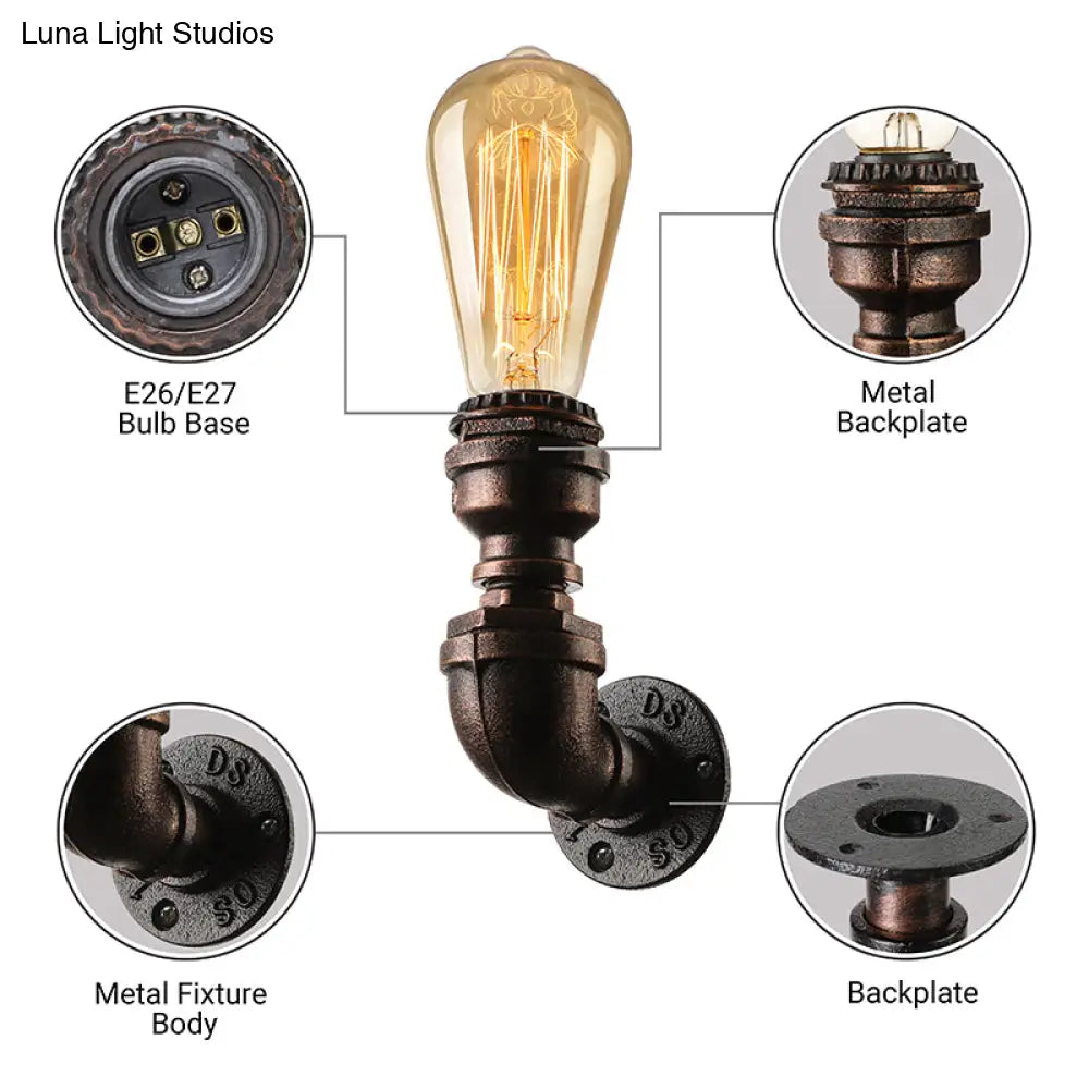 Industrial Bare Bulb Mini Wall Light In Black/Copper For Living Rooms With Metallic Water Pipe