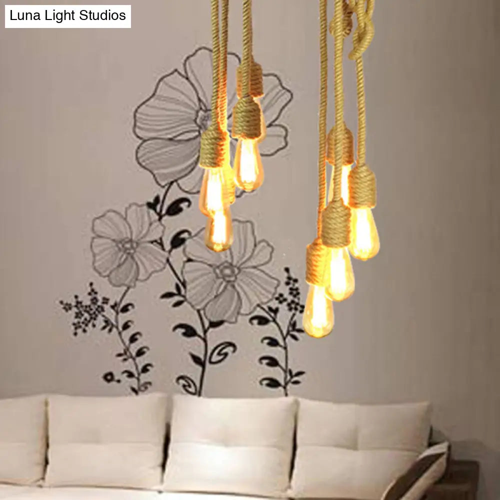 Beige Industrial Cluster Pendant Light - 4 Head Rope Hanging Lamp With Knots Design