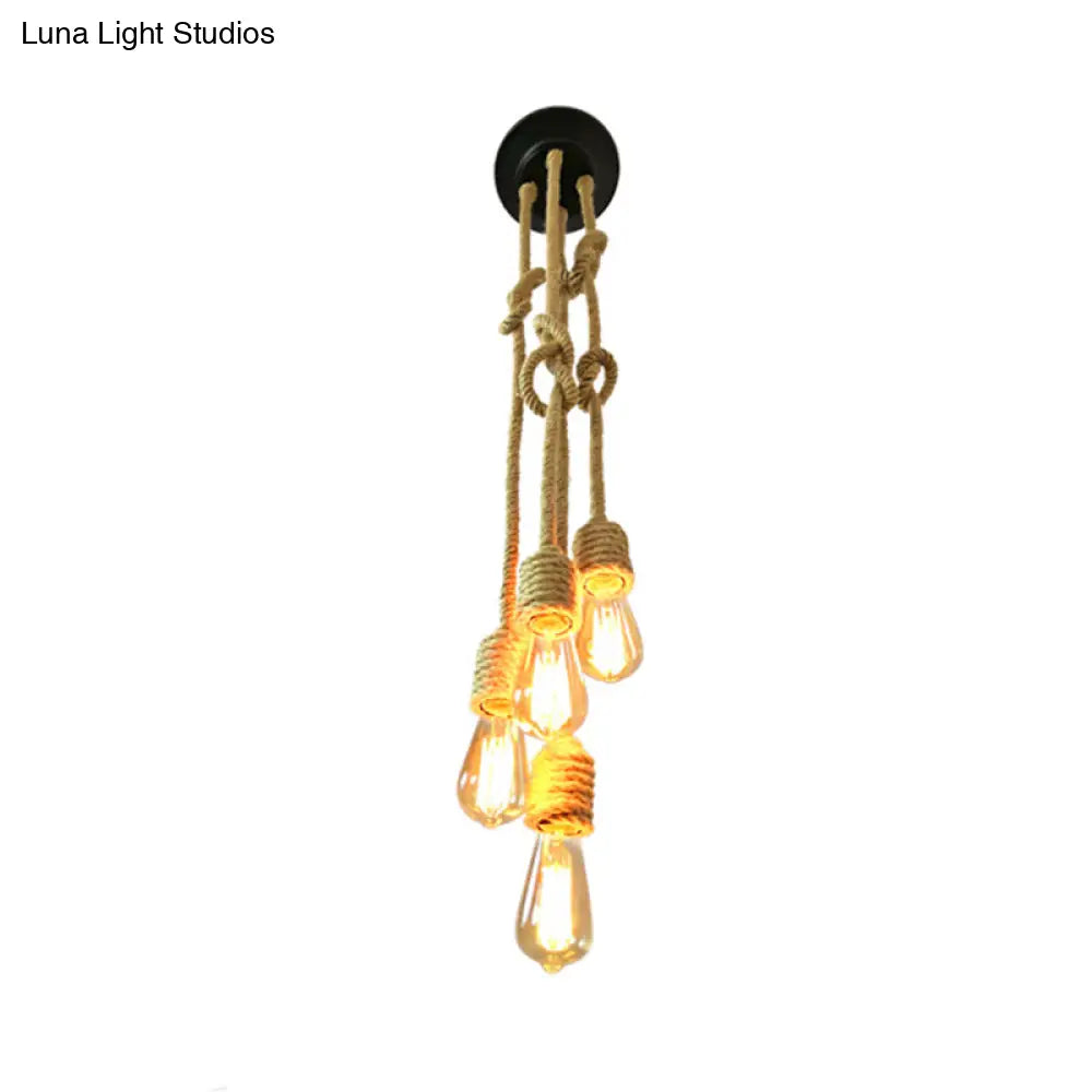 Industrial Bare Bulb Pendant Light - 4 Heads Rope Hanging Ceiling Lamp In Beige With Knots Design