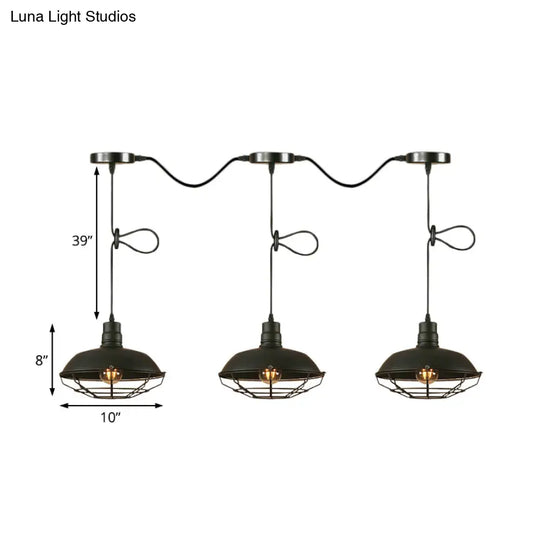 Industrial Barn Metal Pendant Light With Wire Cage - 3/5 Lights In Black Finish For Kitchen