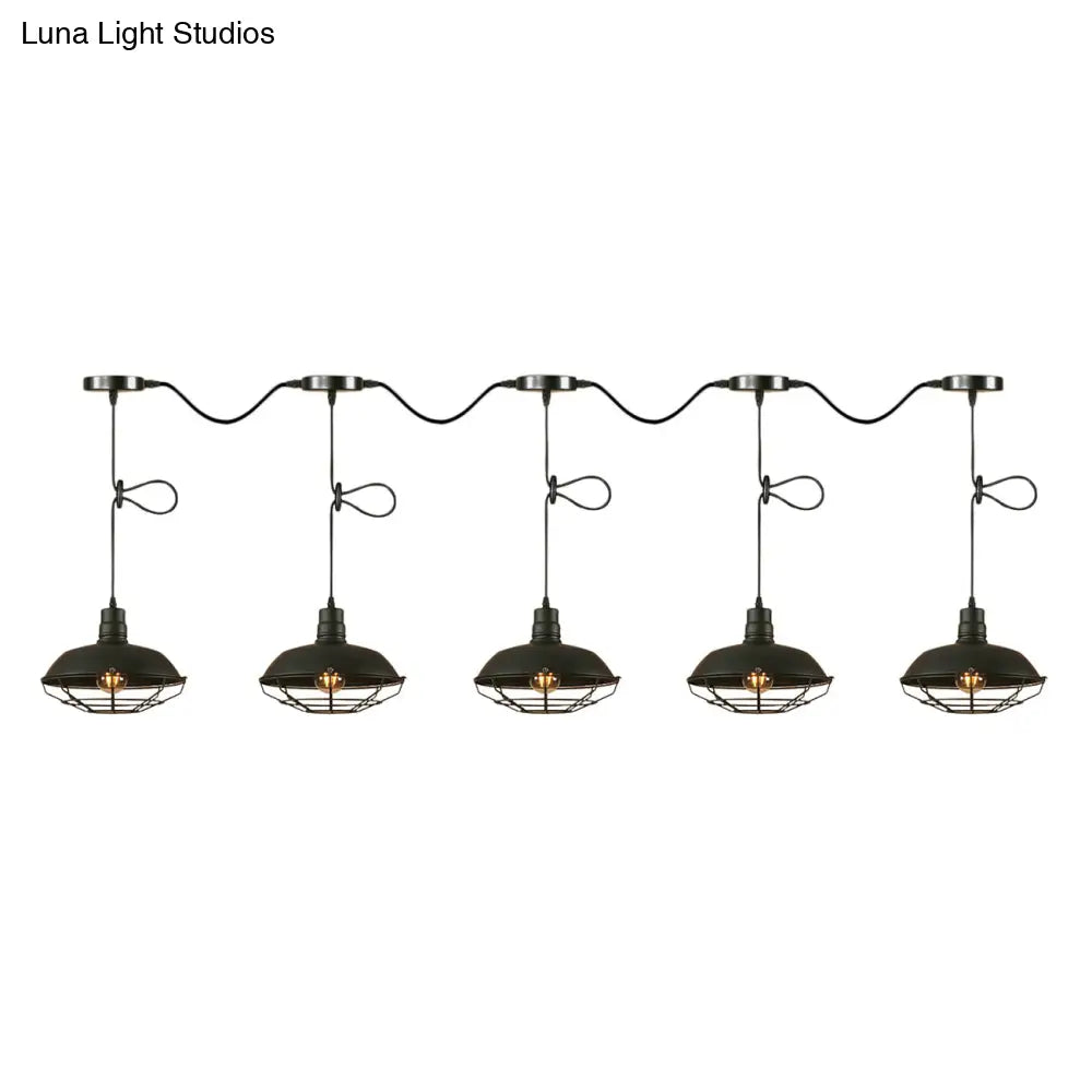 Industrial Barn Metal Pendant Light With Wire Cage - 3/5 Lights In Black Finish For Kitchen