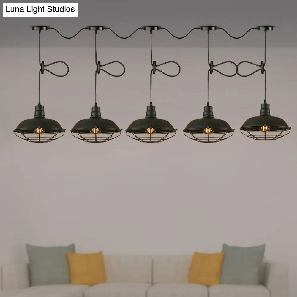 Industrial Barn Metal Pendant Light With Wire Cage - 3/5 Lights In Black Finish For Kitchen