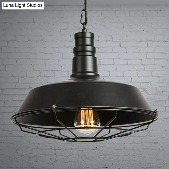 Industrial Barn Metal Suspension Lighting - 1 Head Dining Room Hanging Lamp With Tapered Cage Guard