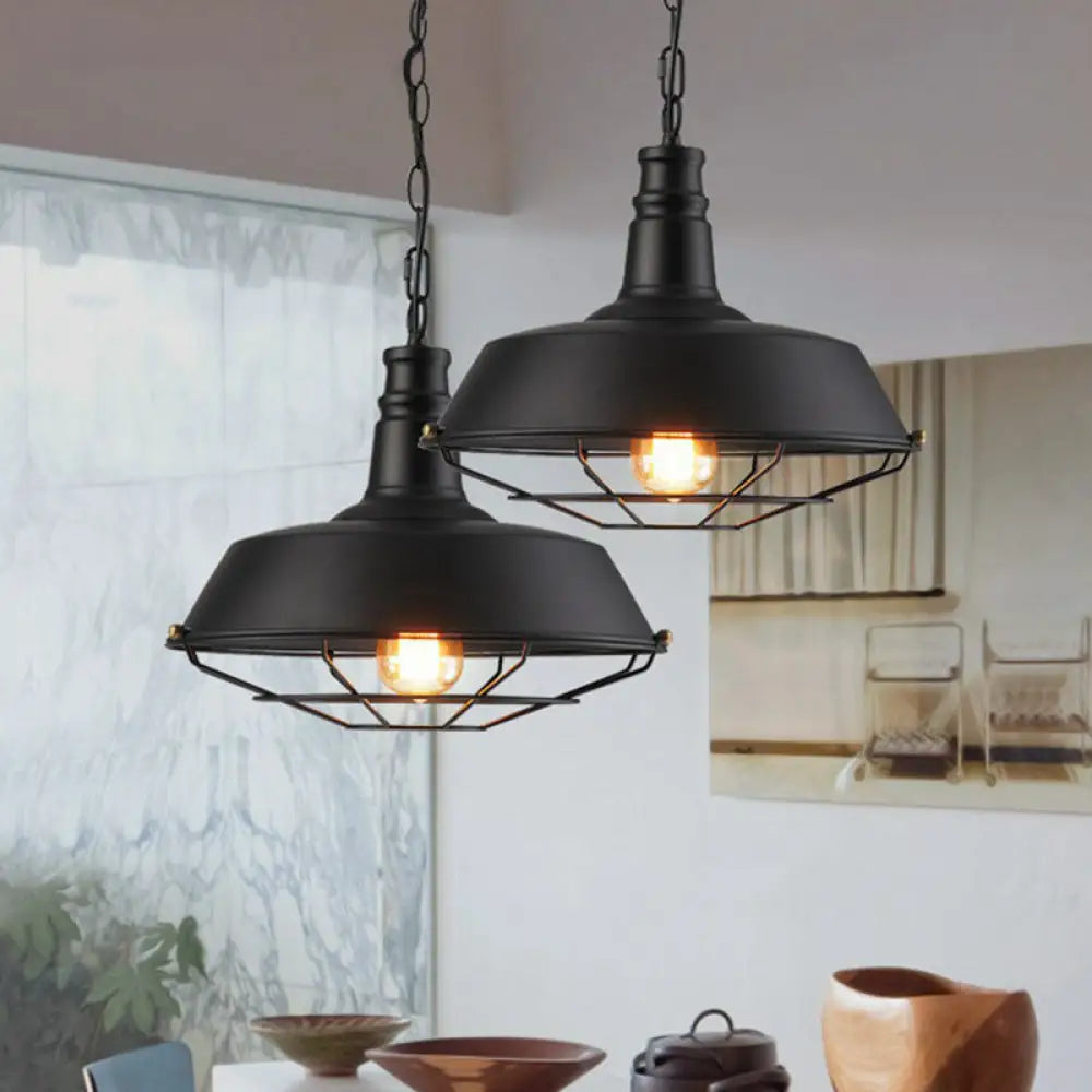 Industrial Barn Metal Suspension Lighting - 1 Head Dining Room Hanging Lamp With Tapered Cage Guard