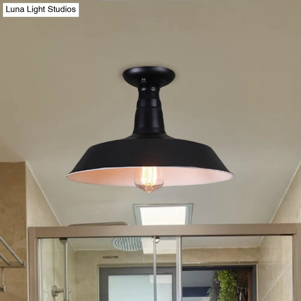 Industrial Barn Semi-Flush Mount Ceiling Light In Black - 10/14 Diameter 1 Bulb Metallic Shade