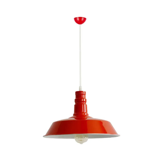 Industrial Barn Shade Pendant Lamp With Rolled-Trim Head - Red/Yellow/White Finish Red