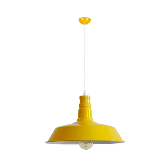 Industrial Barn Shade Pendant Lamp With Rolled-Trim Head - Red/Yellow/White Finish Yellow